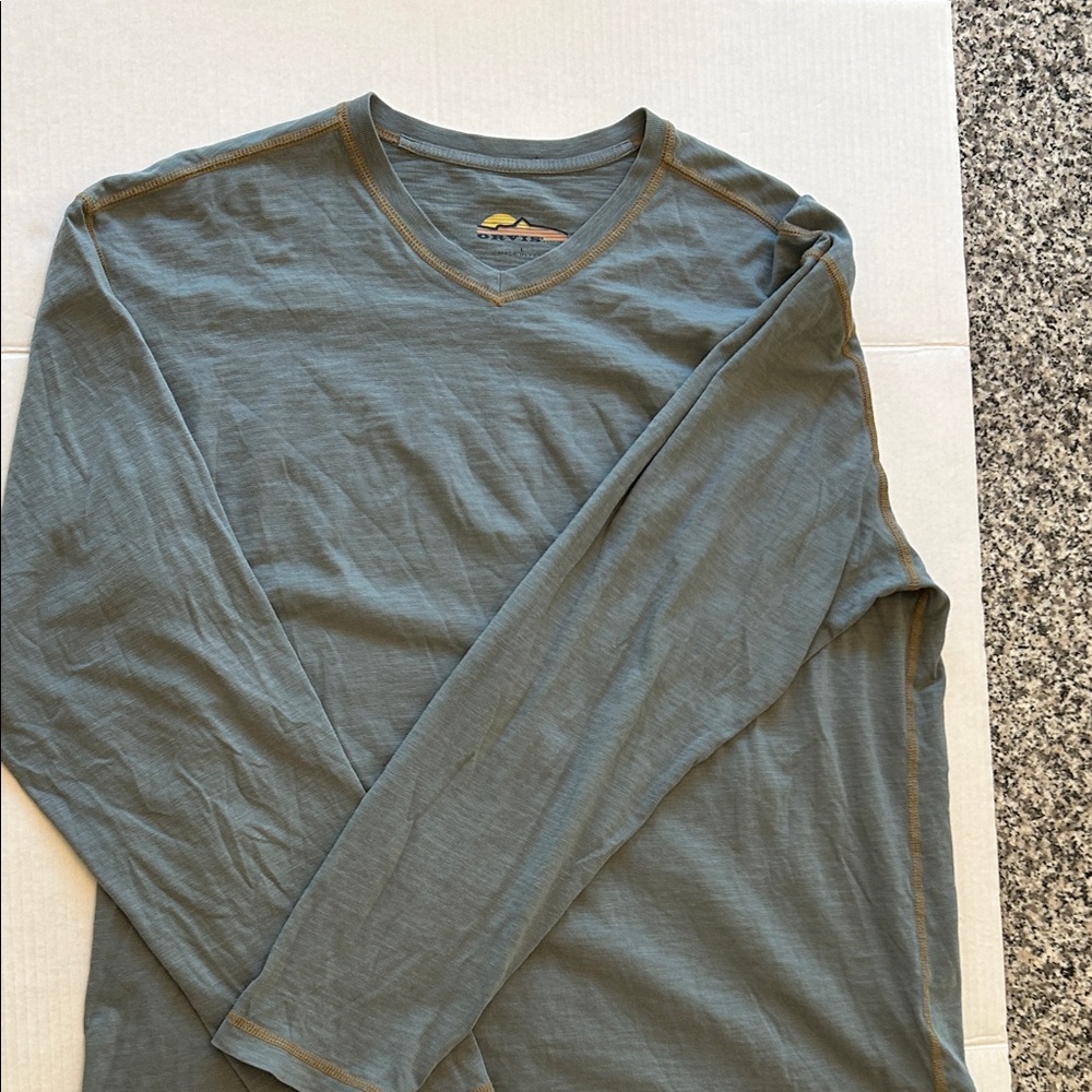 Men’s Orvis Olive LSTee with embroidered finishing stitches front and back